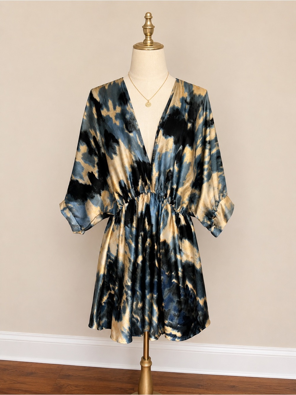 glam Blue and Gold Tie-Dye Deep V Mini Dress
